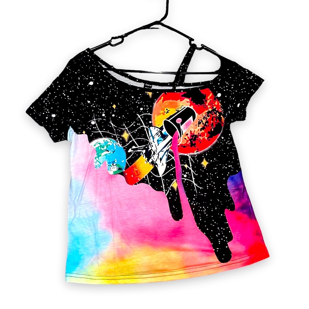 New Woman’s Artistic Galaxy Rainbow Pour Paint Bucket Unique Cold Shoulder Tee